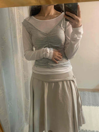 Center Shirred Layered Round Neck Long Sleeve T-shirt