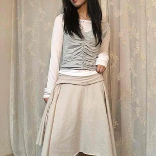 Center Shirred Layered Round Neck Long Sleeve T-shirt