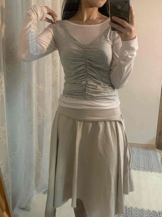 Center Shirred Layered Round Neck Long Sleeve T-shirt