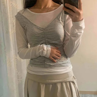 Center Shirred Layered Round Neck Long Sleeve T-shirt