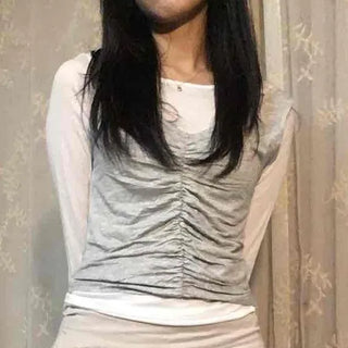 Center Shirred Layered Round Neck Long Sleeve T-shirt