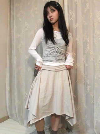 Center Shirred Layered Round Neck Long Sleeve T-shirt