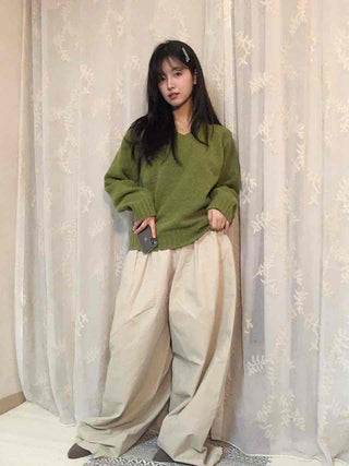 Puff Sleeve Shirring Detail Cozy V-Neck Knit