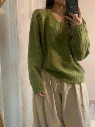 Puff Sleeve Shirring Detail Cozy V-Neck Knit