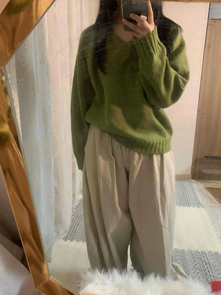 Puff Sleeve Shirring Detail Cozy V-Neck Knit