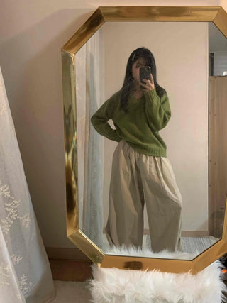 Puff Sleeve Shirring Detail Cozy V-Neck Knit