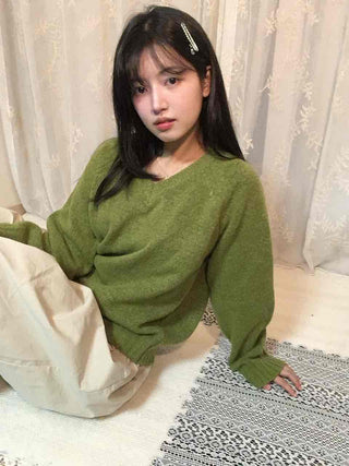 Puff Sleeve Shirring Detail Cozy V-Neck Knit