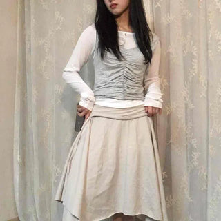 Vintage Cotton Back Zipper High-Waisted Midi Skirt