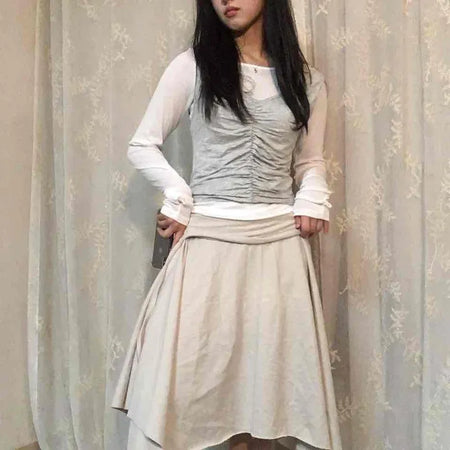 Vintage Cotton Back Zipper High-Waisted Midi Skirt