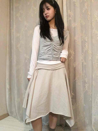 Vintage Cotton Back Zipper High-Waisted Midi Skirt