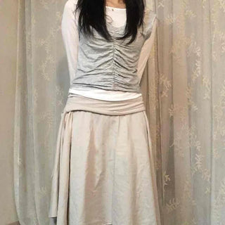 Vintage Cotton Back Zipper High-Waisted Midi Skirt