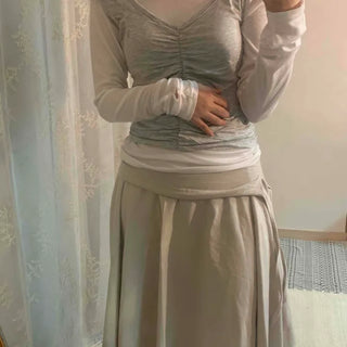Vintage Cotton Back Zipper High-Waisted Midi Skirt