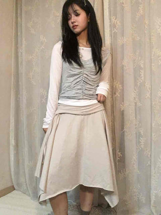 Vintage Cotton Back Zipper High-Waisted Midi Skirt