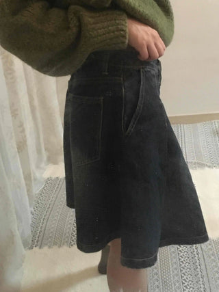 Vintage Washed A-Line Flare Denim Skirt
