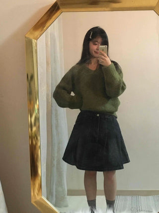 Vintage Washed A-Line Flare Denim Skirt