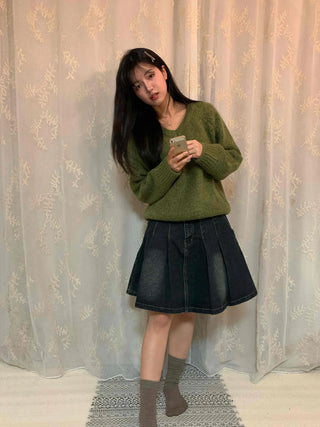 Vintage Washed A-Line Flare Denim Skirt