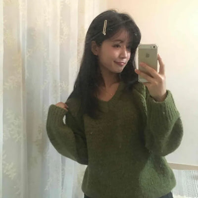 Fluffy Tweed V-Neck Balloon Knit