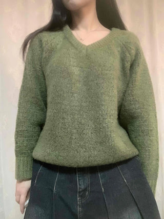 Fluffy Tweed V-Neck Balloon Knit