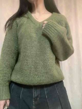 Fluffy Tweed V-Neck Balloon Knit