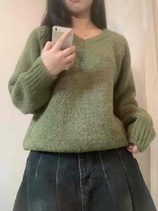 Fluffy Tweed V-Neck Balloon Knit