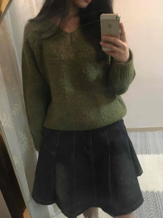 Fluffy Tweed V-Neck Balloon Knit
