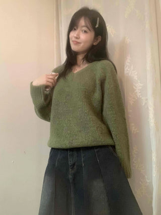 Fluffy Tweed V-Neck Balloon Knit