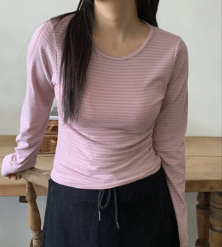 Delicate Fit Stretchy Ribbed Side Shirred Round Neck Long Sleeve Tee