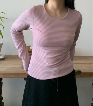 Delicate Fit Stretchy Ribbed Side Shirred Round Neck Long Sleeve Tee