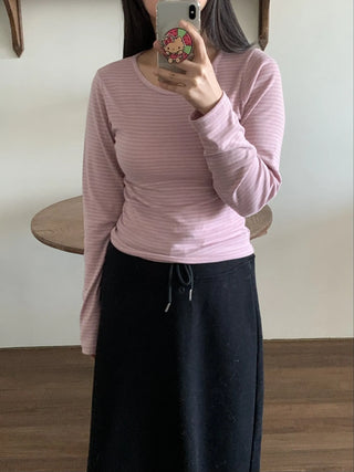 Delicate Fit Stretchy Ribbed Side Shirred Round Neck Long Sleeve Tee