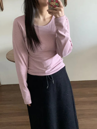 Delicate Fit Stretchy Ribbed Side Shirred Round Neck Long Sleeve Tee