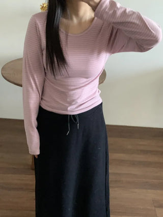 Delicate Fit Stretchy Ribbed Side Shirred Round Neck Long Sleeve Tee