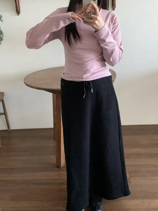 Delicate Fit Stretchy Ribbed Side Shirred Round Neck Long Sleeve Tee