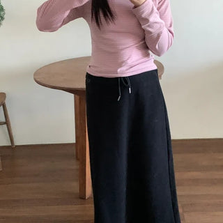 Delicate Fit Stretchy Ribbed Side Shirred Round Neck Long Sleeve Tee
