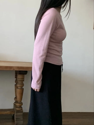 Delicate Fit Stretchy Ribbed Side Shirred Round Neck Long Sleeve Tee