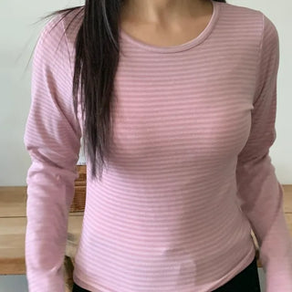 Delicate Fit Stretchy Ribbed Side Shirred Round Neck Long Sleeve Tee