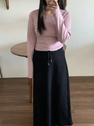 Delicate Fit Stretchy Ribbed Side Shirred Round Neck Long Sleeve Tee