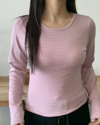 Delicate Fit Stretchy Ribbed Side Shirred Round Neck Long Sleeve Tee