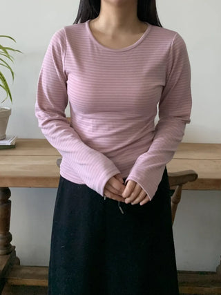 Delicate Fit Stretchy Ribbed Side Shirred Round Neck Long Sleeve Tee