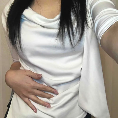 Cowl Neck Draped Balloon Sleeve Shirred Blouse