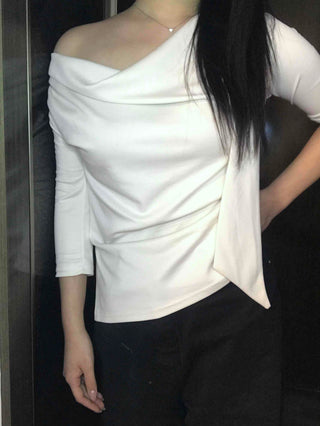 Cowl Neck Draped Balloon Sleeve Shirred Blouse