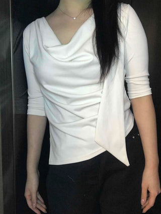 Cowl Neck Draped Balloon Sleeve Shirred Blouse