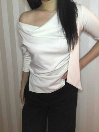 Cowl Neck Draped Balloon Sleeve Shirred Blouse