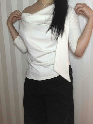 Cowl Neck Draped Balloon Sleeve Shirred Blouse