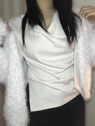 Cowl Neck Draped Balloon Sleeve Shirred Blouse