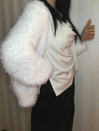 Cowl Neck Draped Balloon Sleeve Shirred Blouse