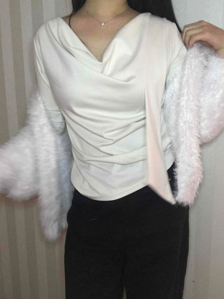 Cowl Neck Draped Balloon Sleeve Shirred Blouse