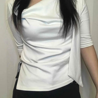 Cowl Neck Draped Balloon Sleeve Shirred Blouse