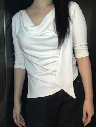Cowl Neck Draped Balloon Sleeve Shirred Blouse