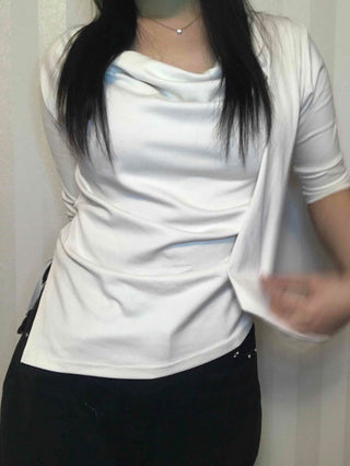 Cowl Neck Draped Balloon Sleeve Shirred Blouse