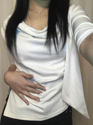 Cowl Neck Draped Balloon Sleeve Shirred Blouse